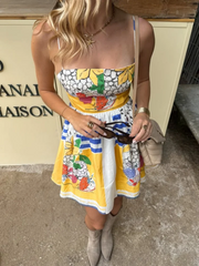 LIZAKOSHT  -  Halter Fruit Printed Slip Dress Poplin Fluffy Backless Vacation Beach Women Strap Short Dresses Slimming Waist Cinched Suspender