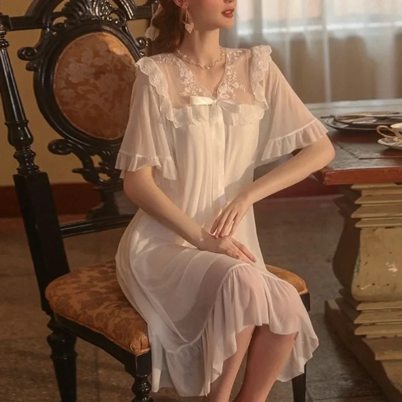 LIZAKOSHT  -  French Elegant Sweet Summer V Neck Short Sleeve Mesh Dress All Match Temperament Women Sleepshirt Y2k Casual Lounge Dress