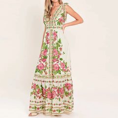 LIZAKOSHT  -  Sexy V-neck Women Vacation Long Dress Summer Casual Sleeveless Hight Waist Party Dress Elegant Print Draped Bow Maxi Dress