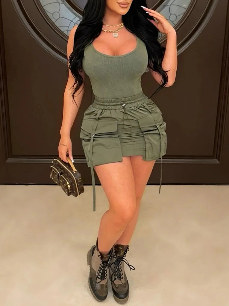 LIZAKOSHT  -  Solid Spliced Lace Up Short Casual Skirts For Women High Waist Spliced Pockets Chic Cargo Skirts Female Fashion Style New