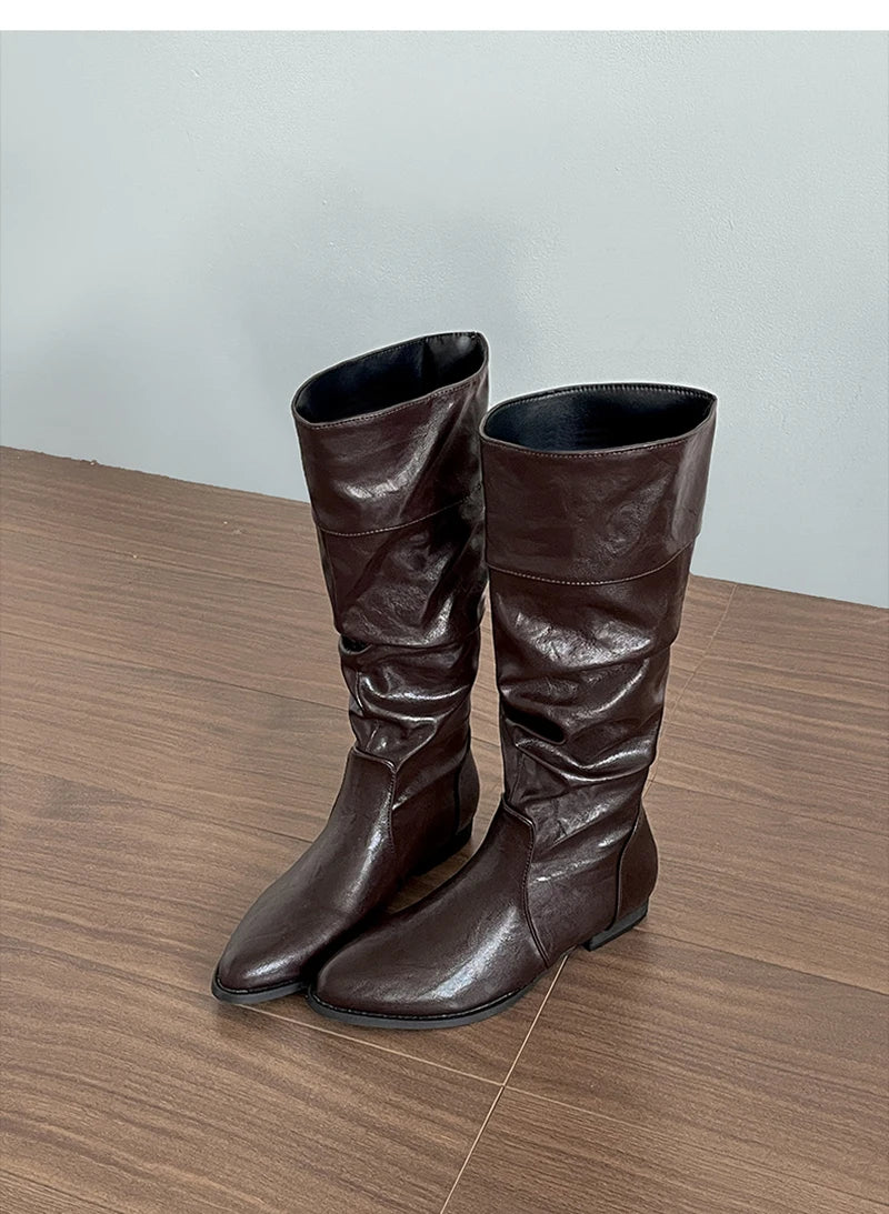 LIZAKOSHT  -  Cosy Soft Leather Women Knee High Boots Fashion Slip On Knight Long Booties Winter Internal Elevation Shoes Zapatos De Mujer