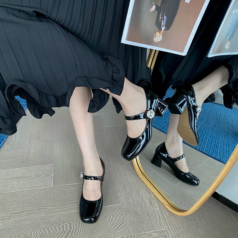 LIZAKOSHT Original retro rhinestone Mary Jane single shoes women's small leather shoes one word with thick heel ballet shoes women's shoes