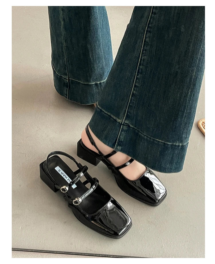 LIZAKOSHT  -  Retro Style Summer Thick Heel Women Sandals Fashion Square Toe Singbacks Shoes Ladies Elegant Party Dress Sandalias