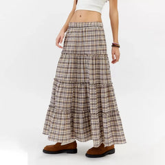 LIZAKOSHT  -  Y2k Women Gingham Tiered Maxi Skirts A Line Ruffle Plaid Midi Skirt Summer Beach Casual Loose Flowy Long Skirt