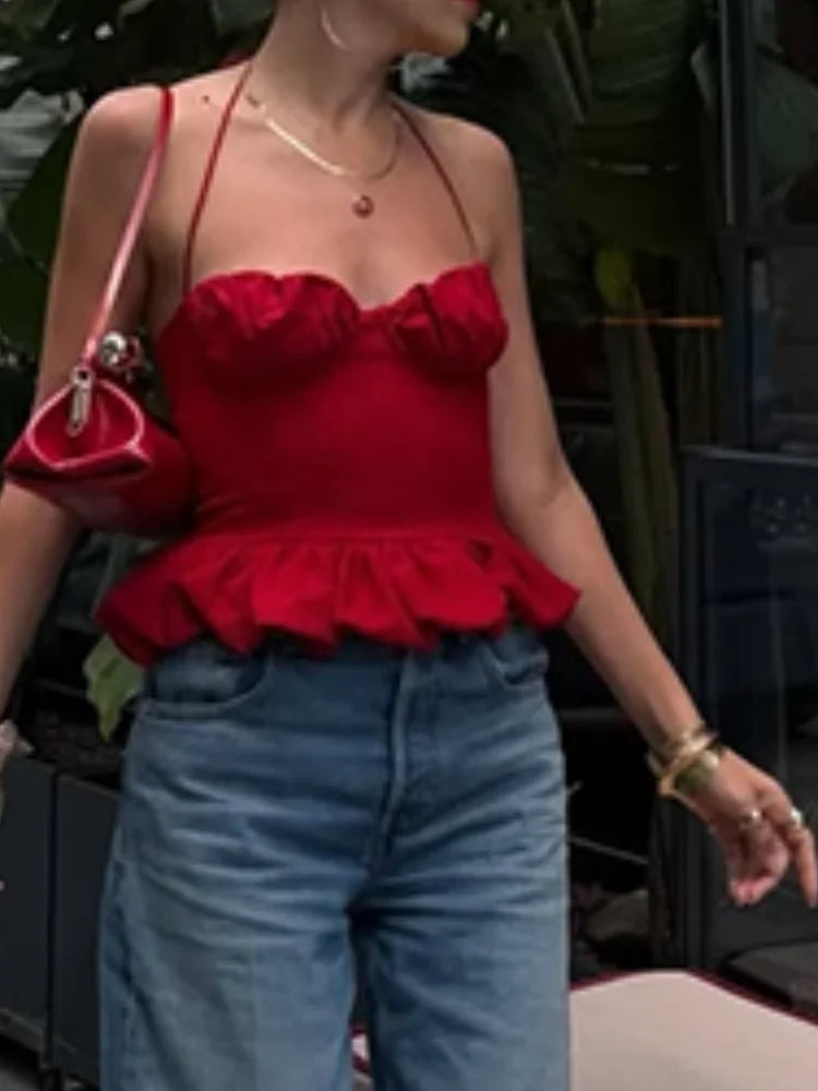 LIZAKOSHT  -  Red Halter Backless Ruffle Crop Top Women Ruched Bust Frill Hem Slim Fit Summer Casual Y2K Sleeveless Camisole for Beach Date