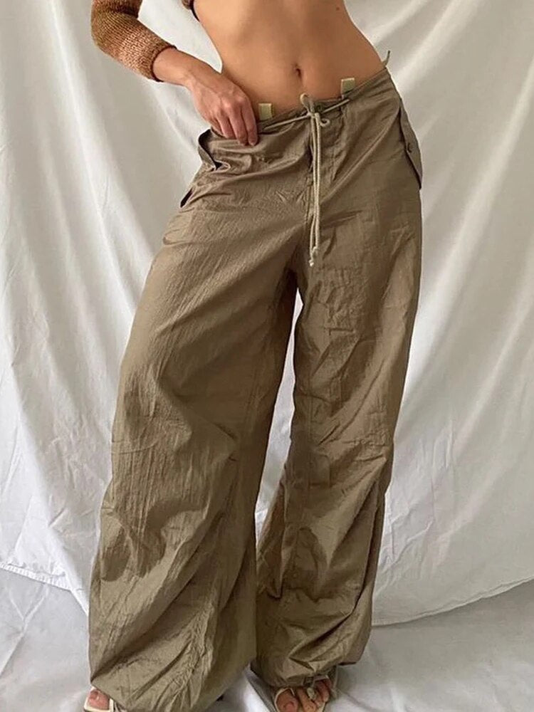 Lizakosht Fashion Khaki Low Rise Cargo Pants Vintage Baggy Wide Leg Trousers Women Streetwear Straight Pants Y2k Harajuku 90s Loose Capris