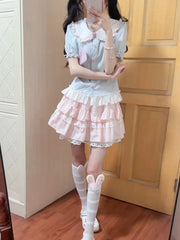 LIZAKOSHT  -  Y2k Harajuku Vintage Sweet Slim 2 Piece Skirt Sets Kawaii Short Sleeve Blouse + Patchwork Cake Mini Skirts 2000s Lolita Suits