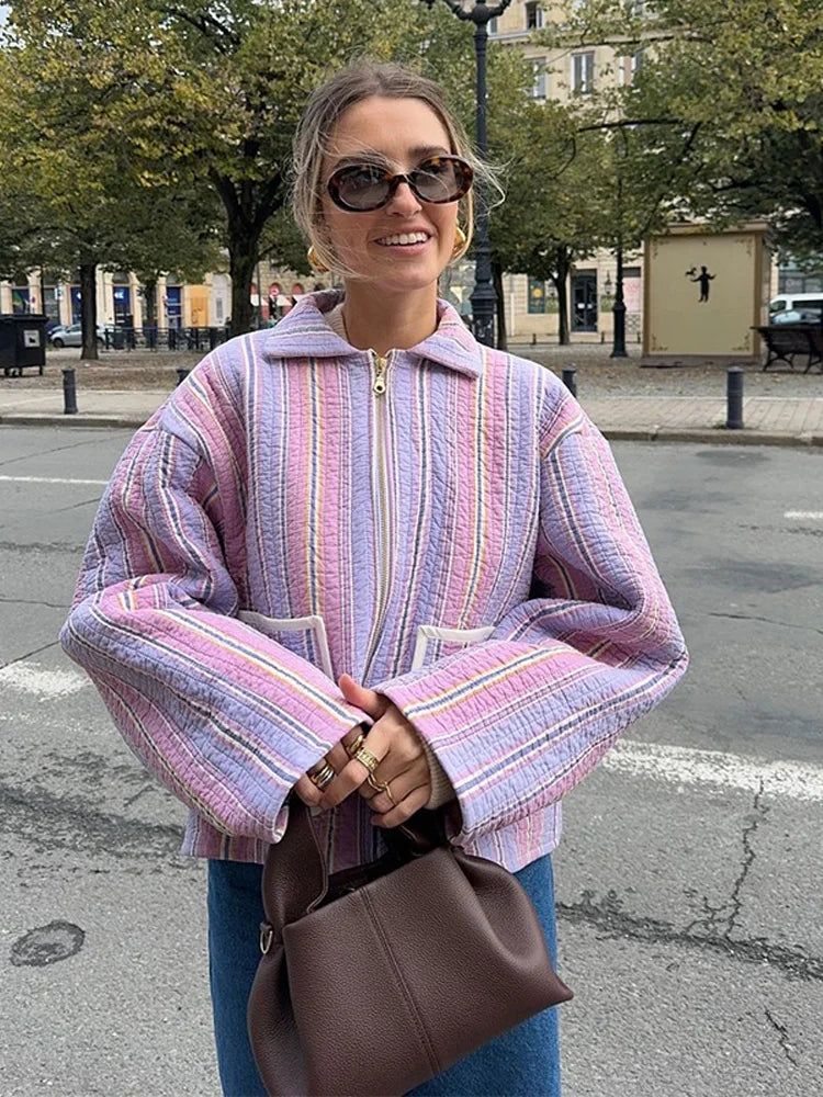 LIZAKOSHT  -  Chic Colorful Striped Lapel Collar Jacket Women Full Sleeve Zipper Patch Pockets Coat 2025 Autumn Female Chic Casual Outerwear