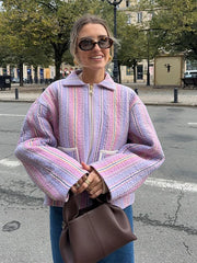 LIZAKOSHT  -  Chic Colorful Striped Lapel Collar Jacket Women Full Sleeve Zipper Patch Pockets Coat 2025 Autumn Female Chic Casual Outerwear