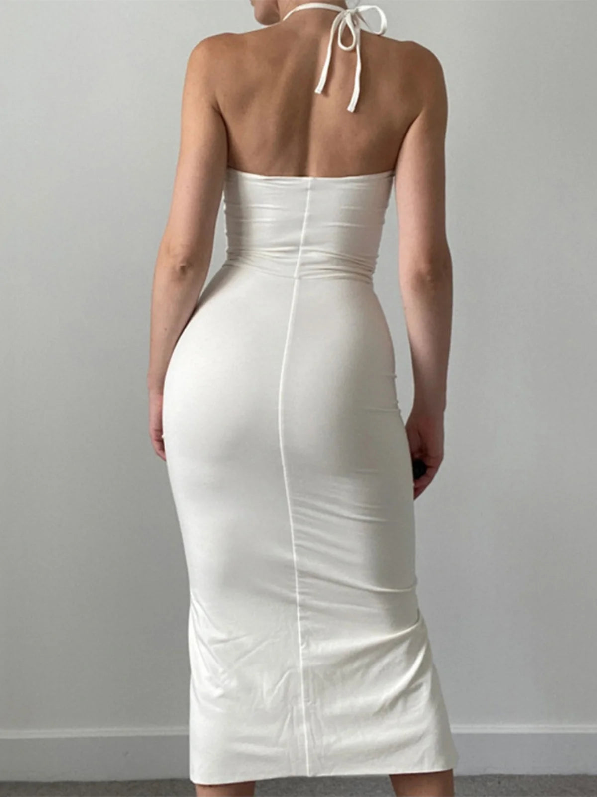 LIZAKOSHT  -  Summer New Dstring Pleated ter Dr Sexy Tight Wrap around Bodycon Long Skirt without Sve Polyester Fiber Midi Dr