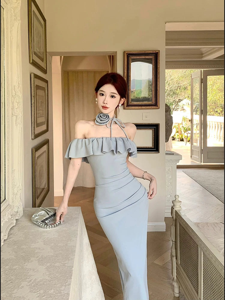 LIZAKOSHT  -  Women Slash Neck Ruffled Strapless Evening Dress Summer Sexy Flower Halter Temperament Waist Slim Fit Long Dresses Robe