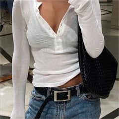 LIZAKOSHT  -  Sexy long sleeve tees harajuku fashion y2k clothes t shirts & blouses women t shirts crop top button up ribbed transparent