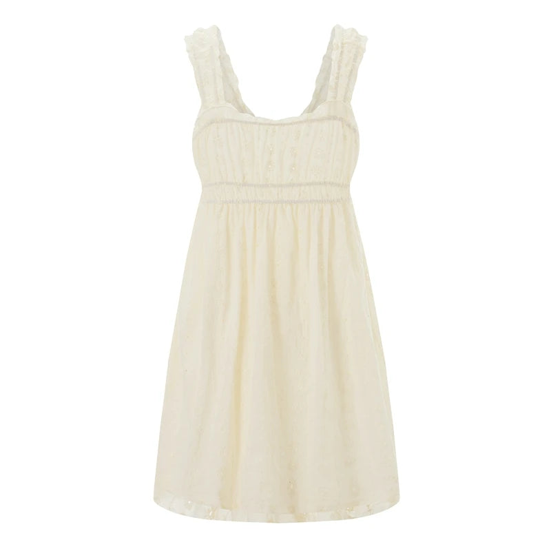 LIZAKOSHT  -  Ruffles Hem Babydoll A-line Dress Vintage Eyelet Mini Dress Women Sleeveless Square Neck Ruched Bust Flowy Dress