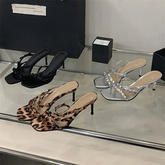 LIZAKOSHT  -  Leopard Narrow Strap Women Slippers 2025 Summer Fashion Party Thin Heel Satin Slide Sandals Sexy Square Toe Bowknot Mule Shoes