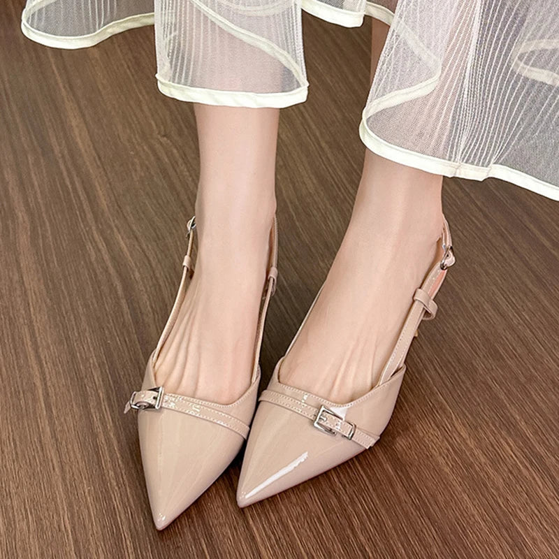 LIZAKOSHT  -  pointed toe japanned leather women sandals metal buckle slingback high heels summer shoes woman cutout sandalias de tacón