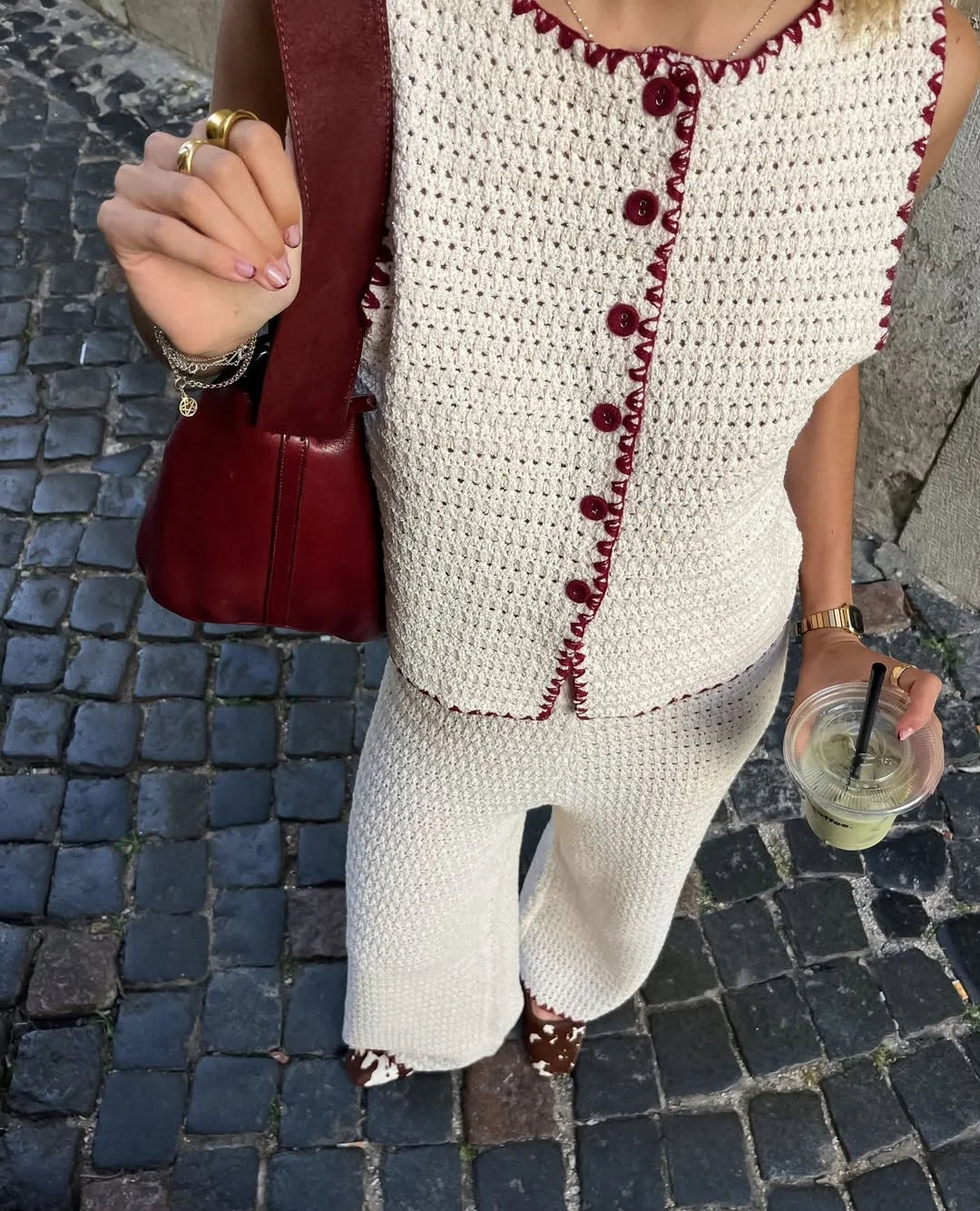 LIZAKOSHT  -  New Casual Round Neck Knitted Sleeveless Vest High Waisted Pants Casual Suit Cute Knitted Cardigan Tops Elastic Pants