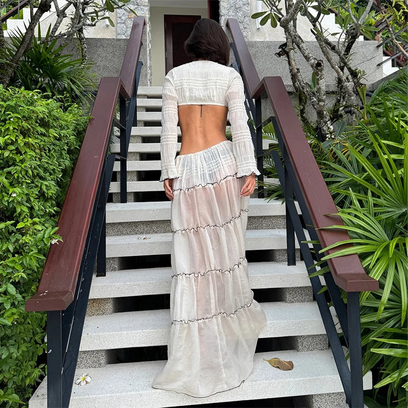 LIZAKOSHT  -  Sexy Lace Up Short Tops Skirt 2pcs Women Sets Slim Long Sleeve Crop Top With Chiffon Ruffle Long Skirt Lady Summer Chic Robes