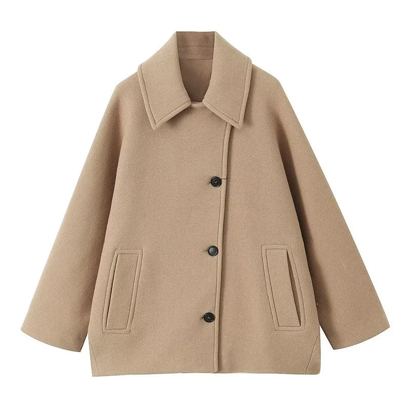 LIZAKOSHT  -  Bat-Sleeve Woolen Coat Black Lapel Single Breasted Casual Loose Thicken Wool Short Overcoat French Winter Women's Outwear Top