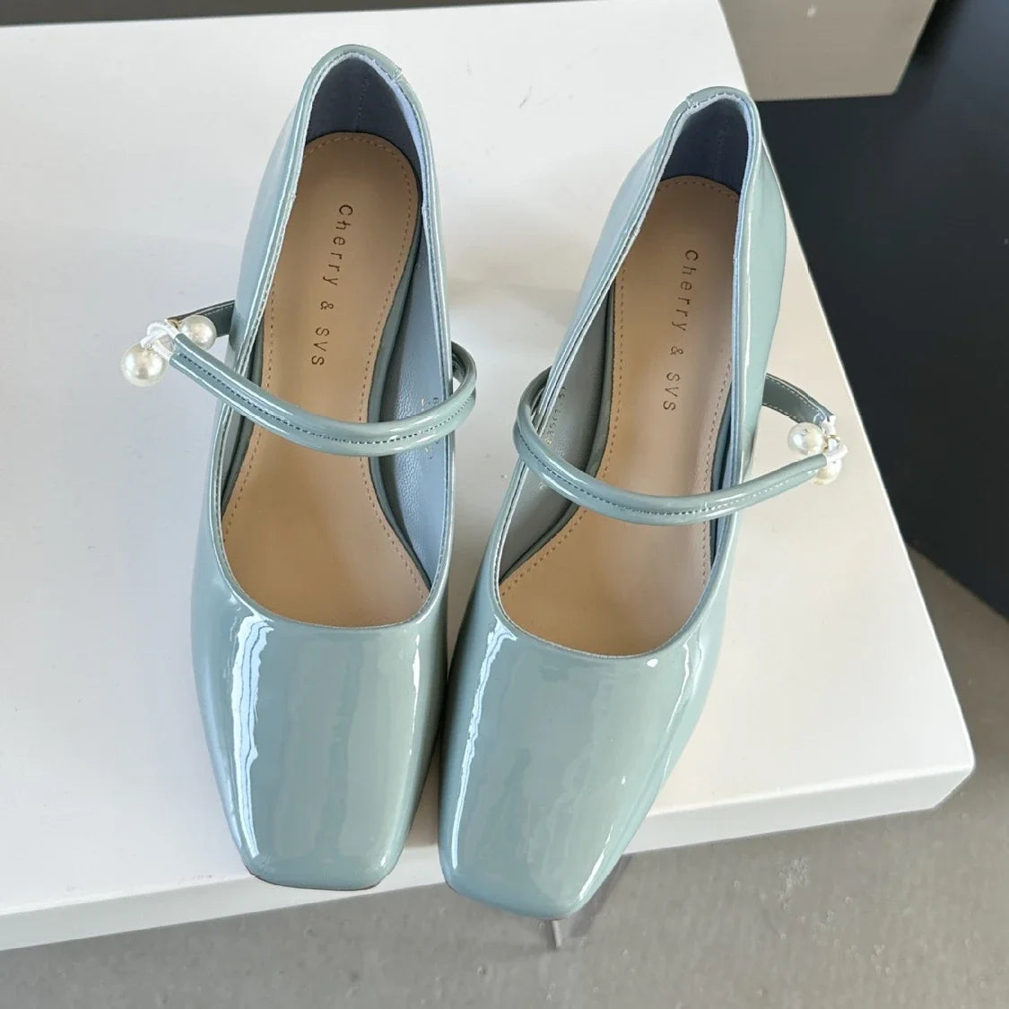 LIZAKOSHT  -  Fashion Chunky Mary Jane Shoe Patent Leather Elegant Dress Shoes Pearl Buckle Comfort Spring Square Toe High Heels Female Pumps