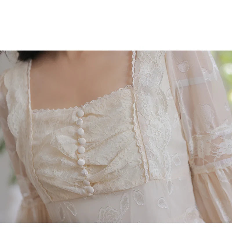 LIZAKOSHT  -  Vintage Lace Floral Dress for Woman French Square Collar Splicing Hollow Out Lantern Sleeve Romantic Sweet Elegant Midi Dresses