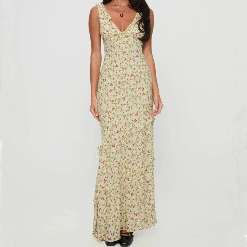 LIZAKOSHT  -  Floral Print Sexy V Neck Ruffles Elegant Bodycon Maxi Dresses Spring Fashion Holiday Streetwear Party Women Vestidos