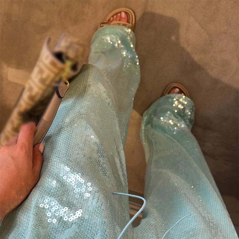 LIZAKOSHT  -  Fashion  Sequin Wide Leg Pants Women Casual Loose Lace Up Low Waist Straight Trousers 2025 Summer Lady Vintage High Street Pants