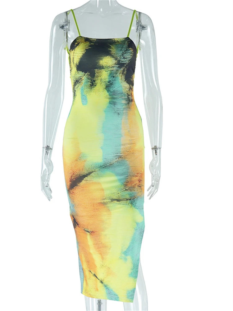 LIZAKOSHT  -  Summer Tie-dye Print Sexy Bandage Camisole Maxi Dress Vacation Outfit For Women 2024 Backless Split Beach Party Vestidos