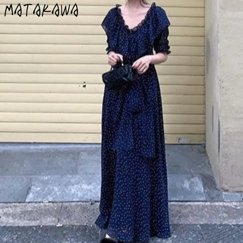 LIZAKOSHT  -  Women Dresses V Neck Polka Dot Ruffles Spring Summer Elegant Long Dress Korean Fashion Vintage Sweet Vestidos Mujer