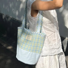 LIZAKOSHT  -  Korean Sweet Blue Plaid Bucket Bag Handbag Tote Women Casual Shoulder Bag