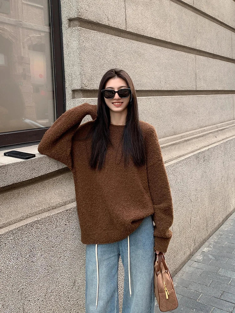 LIZAKOSHT  -  Vintage Brown Knit Sweater Women Autumn Winter Loose Casual Lazy Wind Pullovers Streetwear Harajuku Baggy Long Sleeve Jumpers