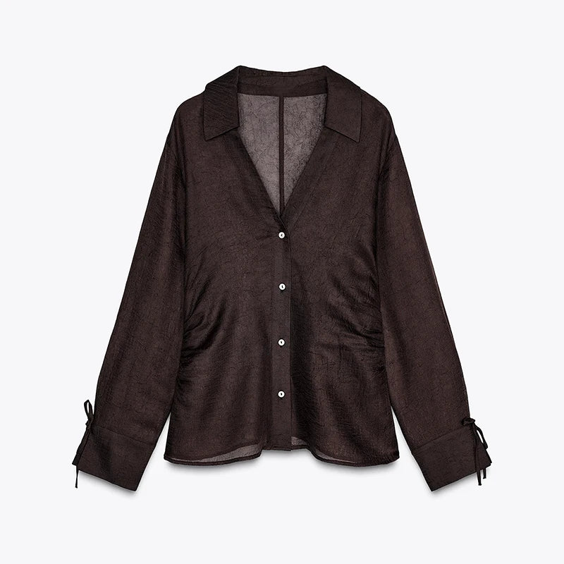 LIZAKOSHT  -  Sexy See Through Lace Up Women's Shirts Solid Laple Single Breasted Full Sleeve Female Shirt Summer New Lady Commuter Wears