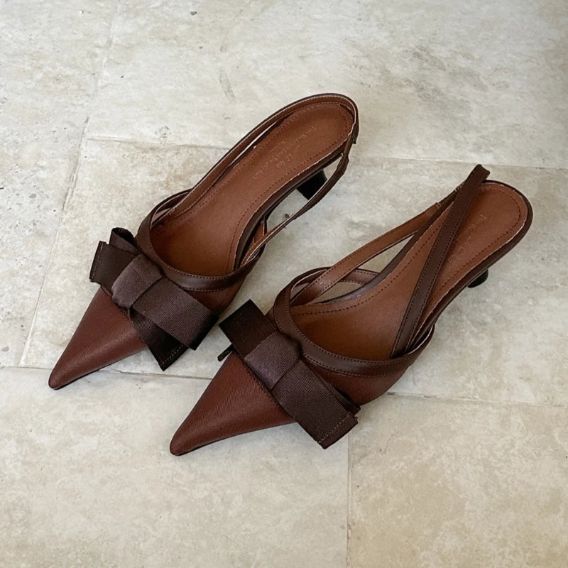 LIZAKOSHT  -  Satin Luxury High Heels Women Bow Pointed Toe Pumps Brand Slingbacks Banquet Party Shoes Designer Women Sandals Summer