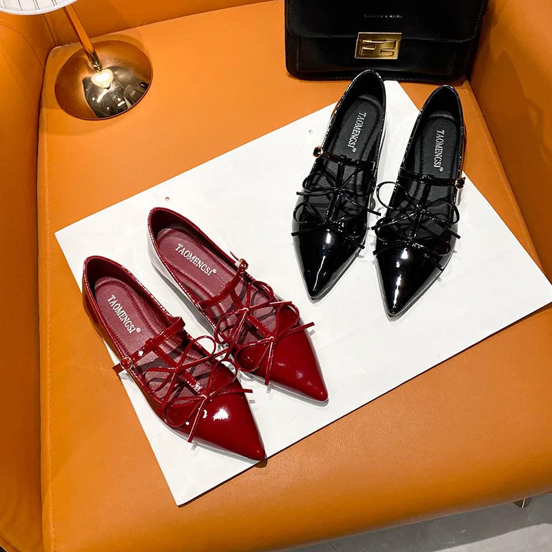 LIZAKOSHT  -  sexy T-strap flats women double bowtie ankle strap party shoes woman pointed toe cutout mary janes japanned leather loafers