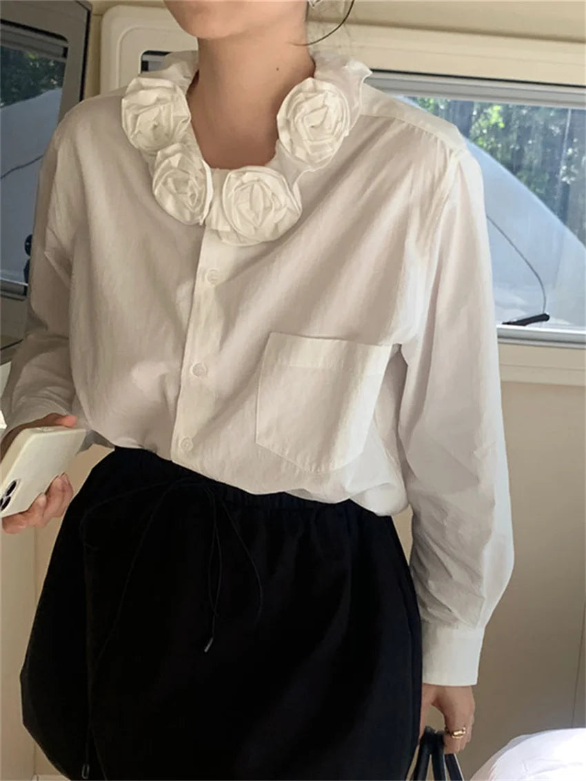 LIZAKOSHT  -  White Shirts Florals Chic Sweet Solid Cotton New Mujer Spring Full Sleeve 2024 Casual Office Lady Work Wear Loose