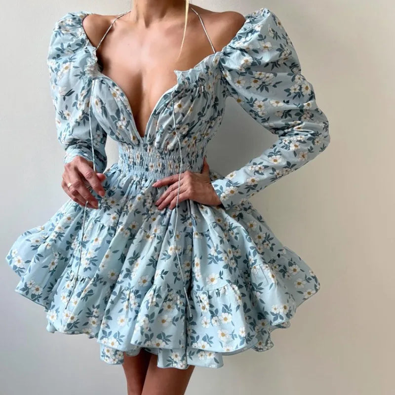 LIZAKOSHT  -  Floral Print Dress For Women Autumn Sexy Deep V Nekc Bandage Long Sleeve Short Dresses Lace Up Elegant Ruffle Dress 2025