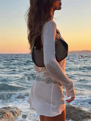 LIZAKOSHT  -  White Summer Mini Dress Cover up Women Backless Beach Holiday Slim See-Through Dress Clothes Mesh Ladies Dress Cover up