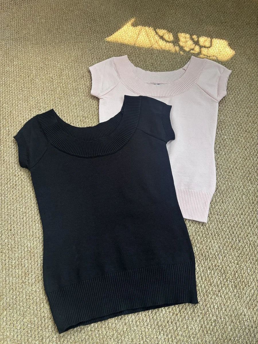 LIZAKOSHT  -   Black Knitted Slim T-shirts Woman Summer Scoop Neck Short Sleeve Cotton Tee Shirt Female Casual Simple Solid All-match Crop Tops