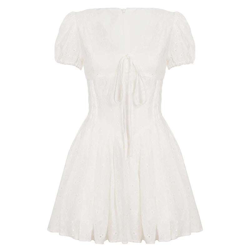 LIZAKOSHT  -  Summer Bubble Sleeve V-neck Mini Dresses Women Slim Waist  Casual Party Dress Beach Vacation Clothes Coquette Grunge