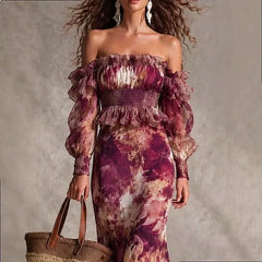 LIZAKOSHT  -  Summer Print Bubble Sleeve Tube Top Midi Dress Set Matching Jumpsuit Playsuit