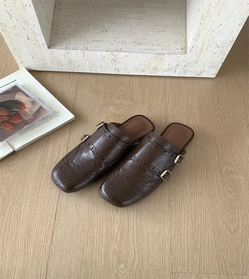 LIZAKOSHT  -  retro hollow out leather slippers women square toe double buckle sandals flat heel cutout mules shoes for woman sandalias mujer