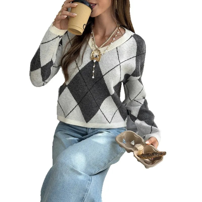  LIZAKOSHT  -  Women V Neck Argyle Knit Sweater Long Sleeve Loose Fit Pullover Jumper Casual Fall Winter Knitwear
