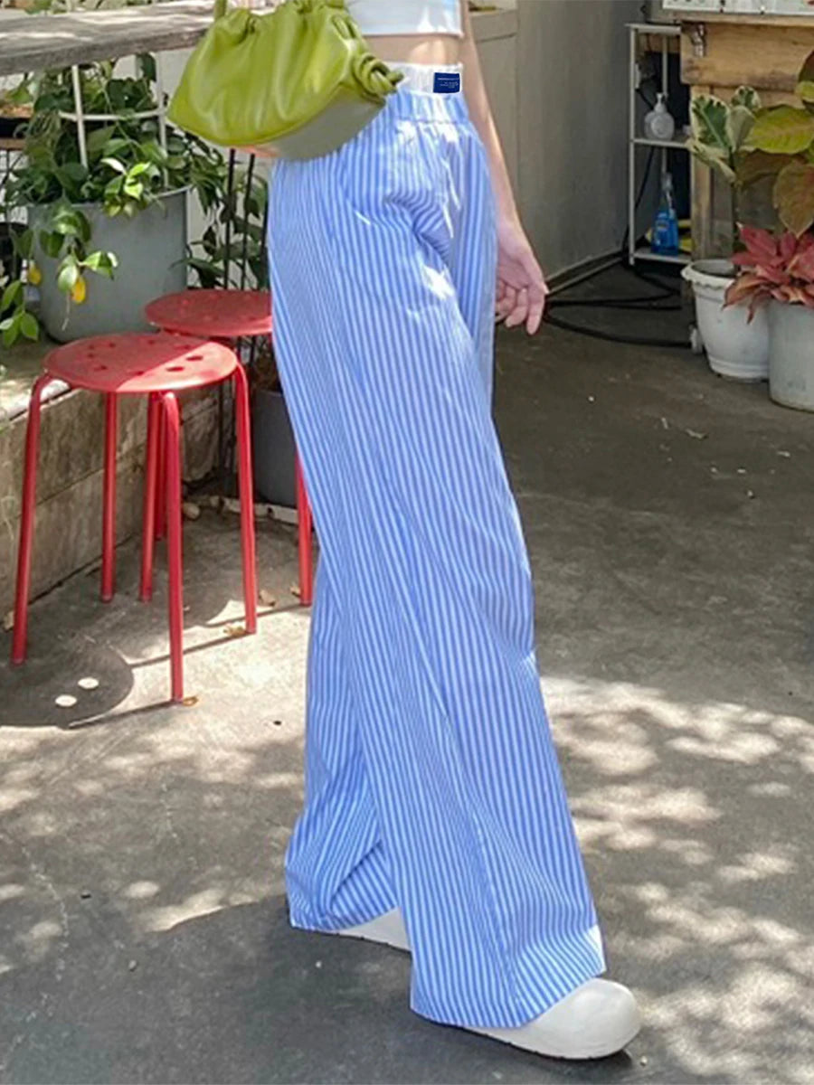 LIZAKOSHT  -  Women's Casual Stripe Trousers Loungewear Elastic High Waist Letter Sign Wide Leg Pants with Pockets for Streetwear Y2K