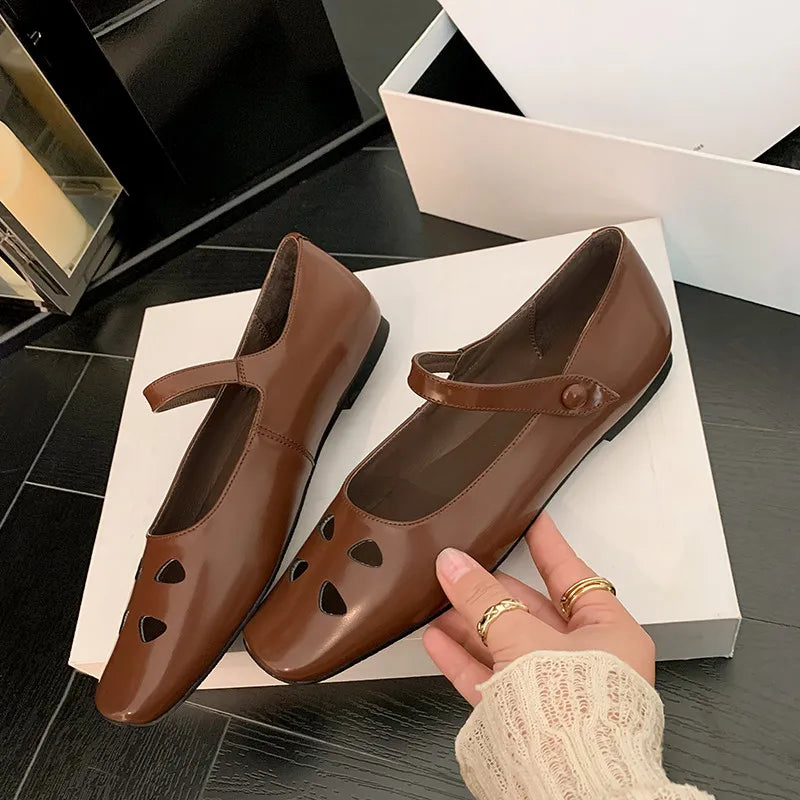 LIZAKOSHT  -  Fashion Women Shoes New High Quality True Leather Hollow Square Head Flat Bottom Mary Janes Shoes Daily Lightweight Shoes