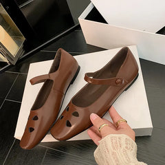 LIZAKOSHT  -  Fashion Women Shoes New High Quality True Leather Hollow Square Head Flat Bottom Mary Janes Shoes Daily Lightweight Shoes