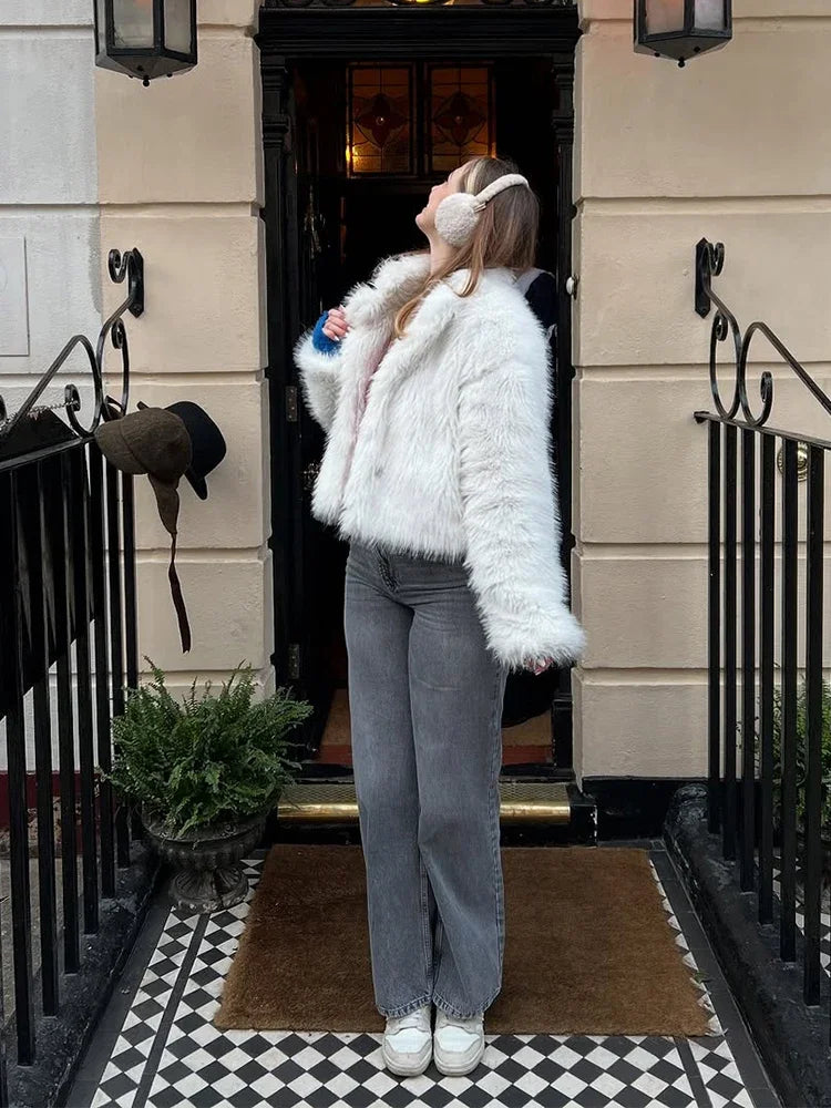 LIZAKOSHT  -  Women White Faux Fur Short Coat Elegant Lapel Collar Long Sleeve Loose Outerwear Lady New Winter Warm High Street Jacket 2025
