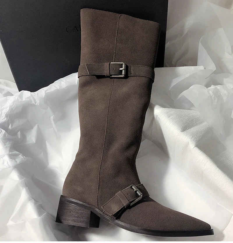 LIZAKOSHT  -  Fashion Vintage Women Western Knee High Boots Fashion Winter Belt Buckle Stripper Party Shoes Zapatos De Mujes