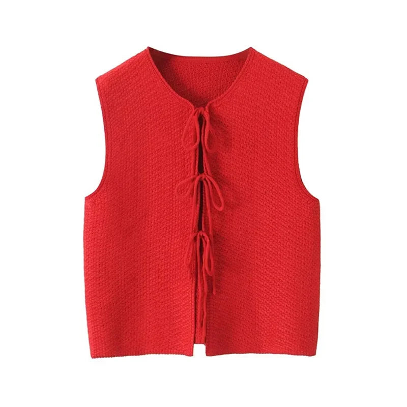 LIZAKOSHT  -  Casual Knit Lace Up Vests Women Loose Hollow Out Sleeveless O-neck Sweater Top Autumn New Lady Solid Cardigans Streetwear