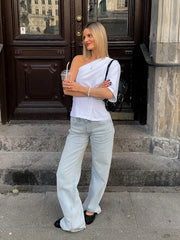 LIZAKOSHT  -  Women's White One Shoulder Asymmetric Blouse Elegant Ruched Bust Minimalist Sleeve Tops Women's Fashion Date Night T-shirt
