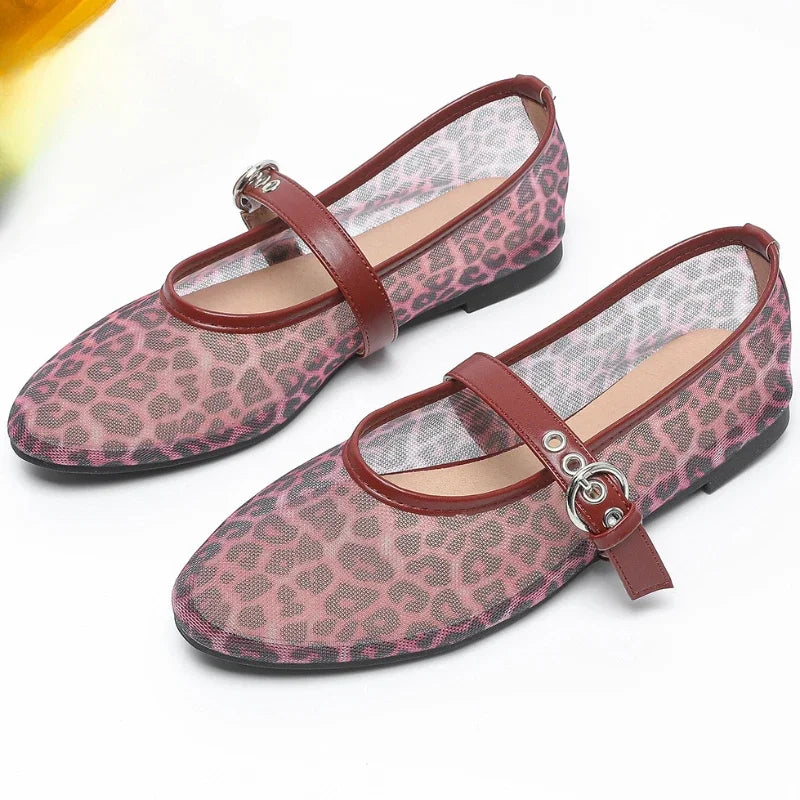 LIZAKOSHT  -  Leopard Mesh Round Toe Flat Ballet Shoes Brand Designer Sandals Women Breathable Soft Sole Comfy Fashion Mary Jane Shoes Female