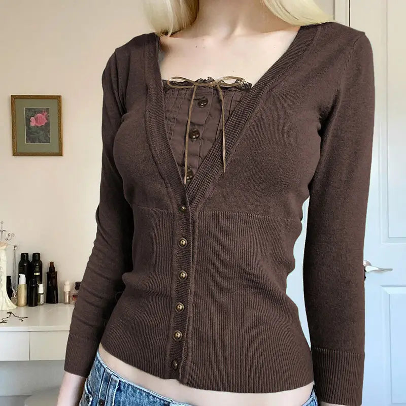 LIZAKOSHT  -  Sweater Fake Two-Piece Stitching Button Lace Design American Retro Long-Sleeved Women'S Short Slim Spice Top